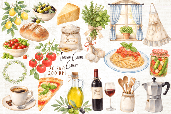 Download Italian Cuisine Clipart Set PNG - Italian Collection